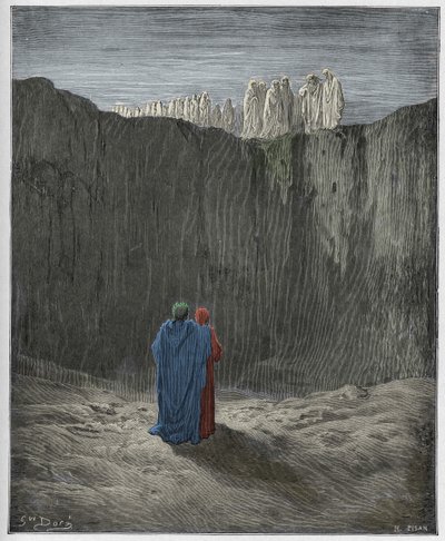 Purgatorio, Canto 3: The company of souls upon the cliff (illustration from The Divine Comedy) by Gustave after Dore